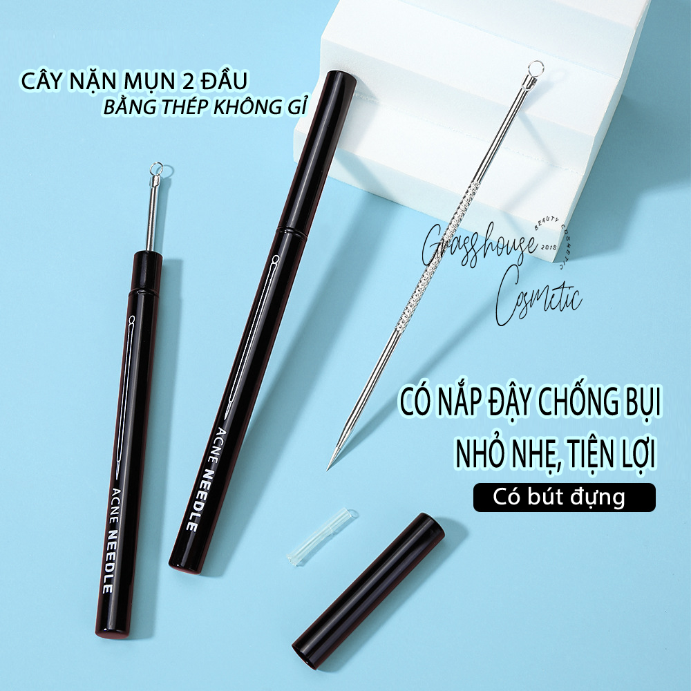 CÂY NẶN MỤN HAI ĐẦU BẰNG THÉP KHÔNG GỈ CÓ HỘP ĐỰNG VÀ NẮP ĐẬY VỆ SINH CHỐNG BỤI