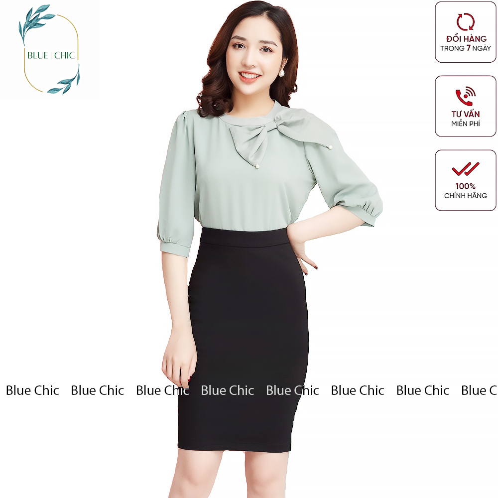 Chân váy bút chì Blue Chic lưng thun cao đồ công sở vải co giãn ôm body xẻ sau dáng dài màu đen