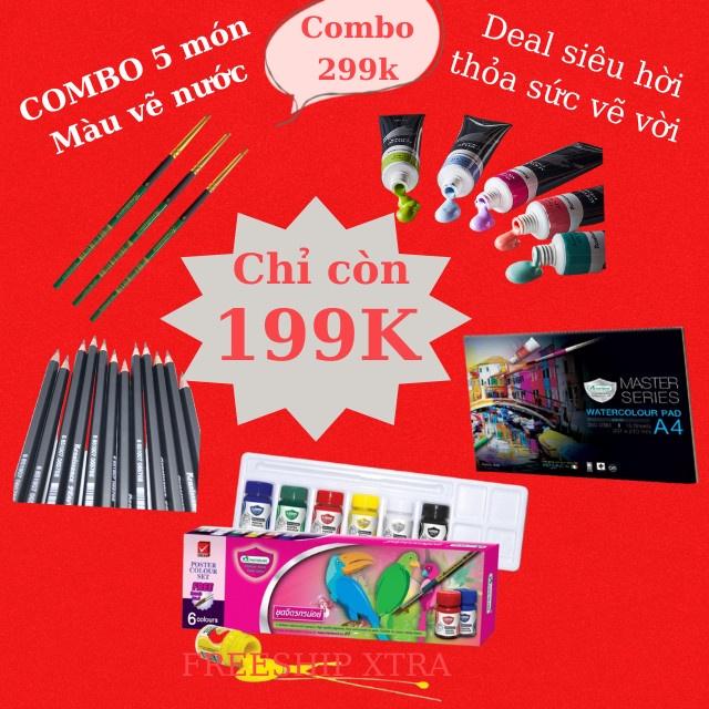 Bộ combo set 6 lọ màu nước acrylic, tập giấy vẽ, bút chì, cọ vẽ, tuýp màu nước cao cấp