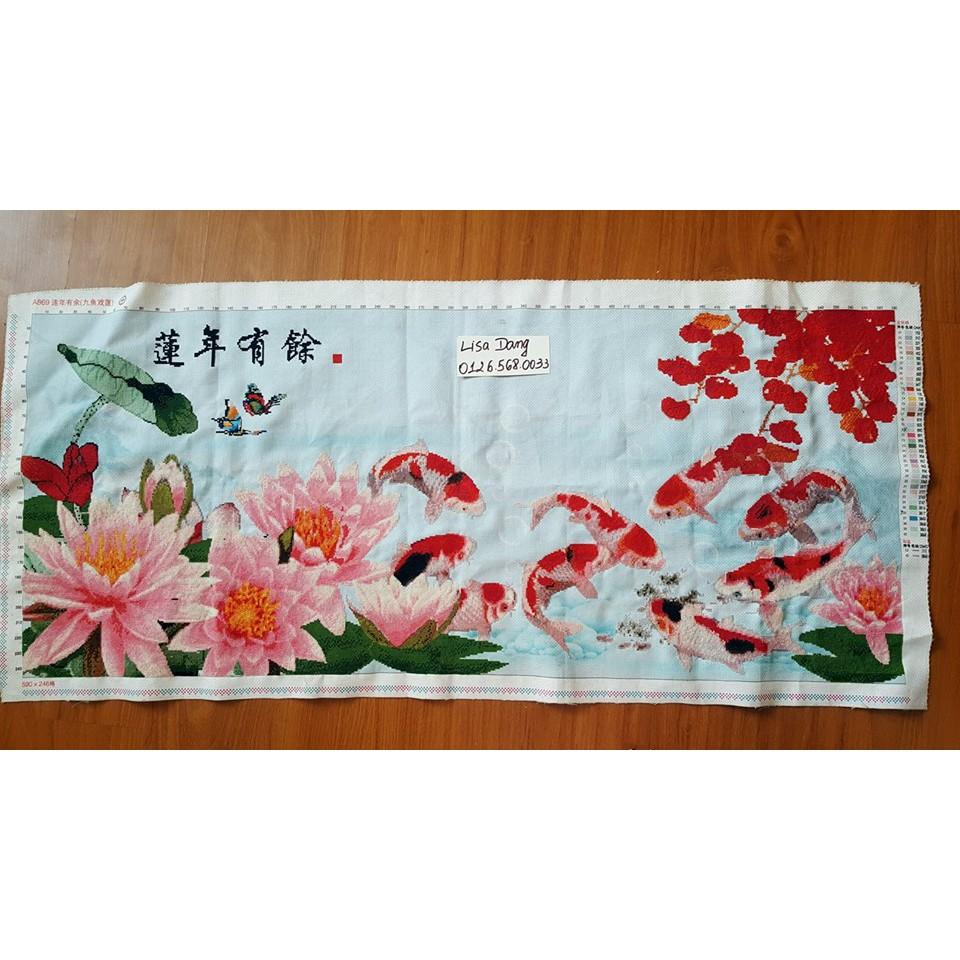 Tranh thêu CỬU NGƯ QUẦN HỘI(đã thêu)1m29x90cm ( thêu 2 chiều)