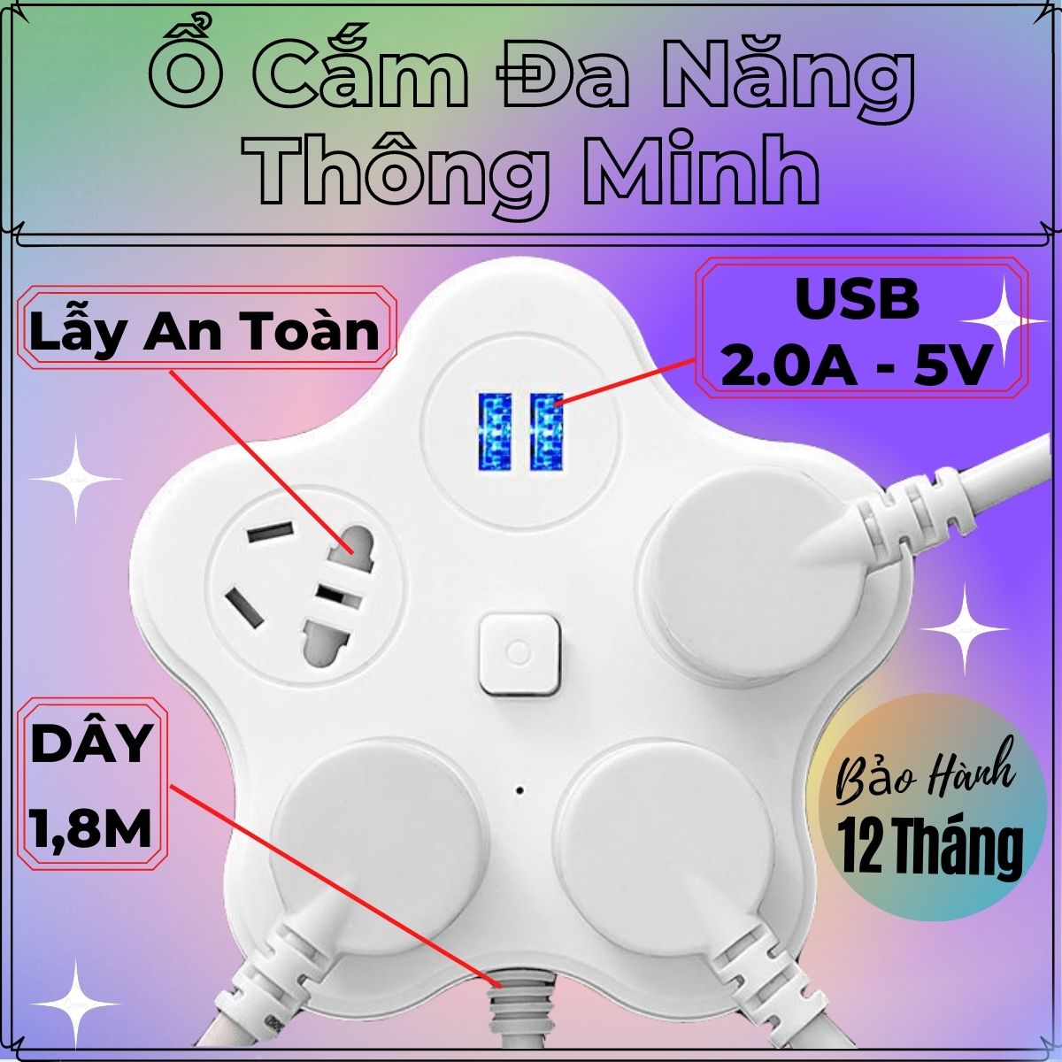 Ổ Cắm Điện Đa Năng Thông Minh Kèm 2 Cổng USB 5V Sạc Nhanh, Công Suất Chịu Tải Lớn - Chống Cháy Nổ - Dây Dài 1,8m ... OM1