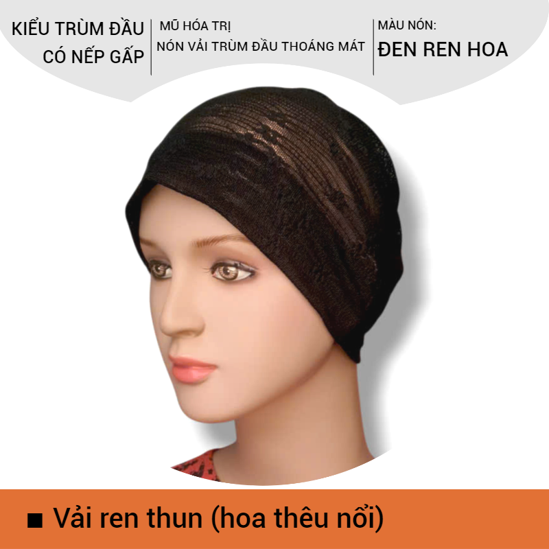 [KIỂU NẾP GẤP] Nón vải trùm đầu, mũ vải đội đầu, mũ mềm mỏng mát, thấm hút mồ hôi, bệnh nhân ung thư, chemo hat, cancer hat [ĐEN REN HOA