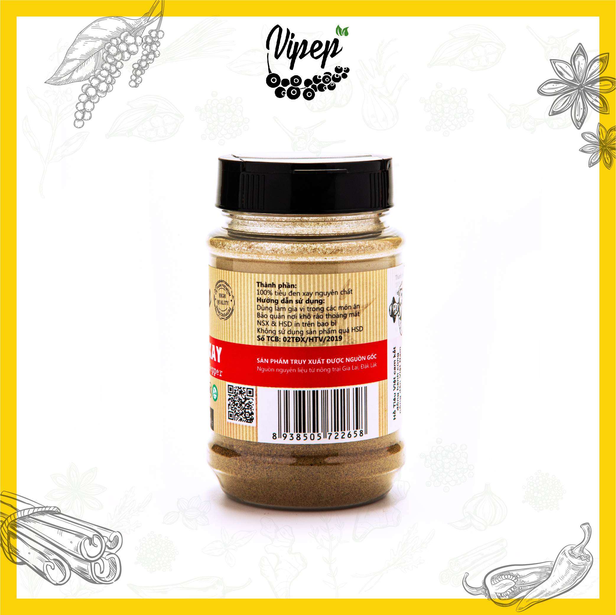 Tiêu đen xay nhuyễn Vipep 100g cay thơm dậy mùi, chuyên dùng làm gia vị ứớp thực phẩm, nêm món xào,.