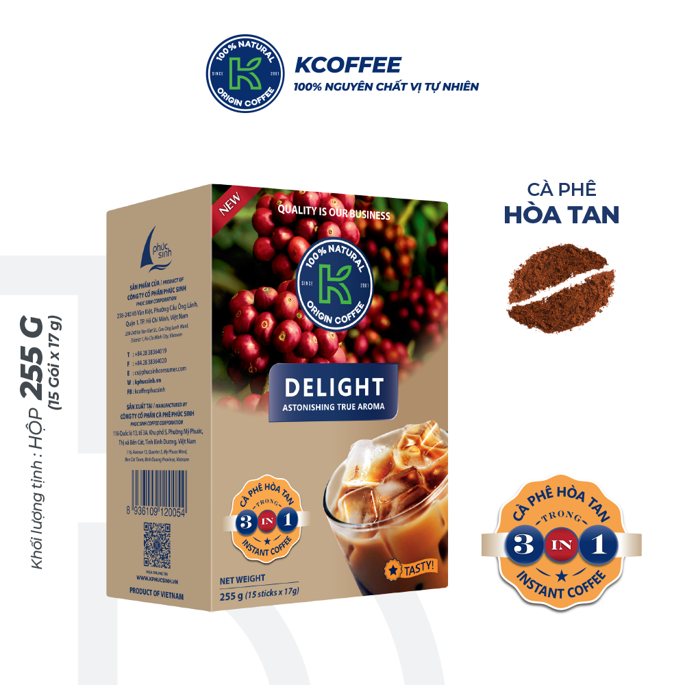 Combo 2 Hộp Cà Phê Sữa Hòa Tan Thơm Ngon Số 1 Việt Nam K Delight 3In1 K Coffee (225G/Hộp 15 Gói)