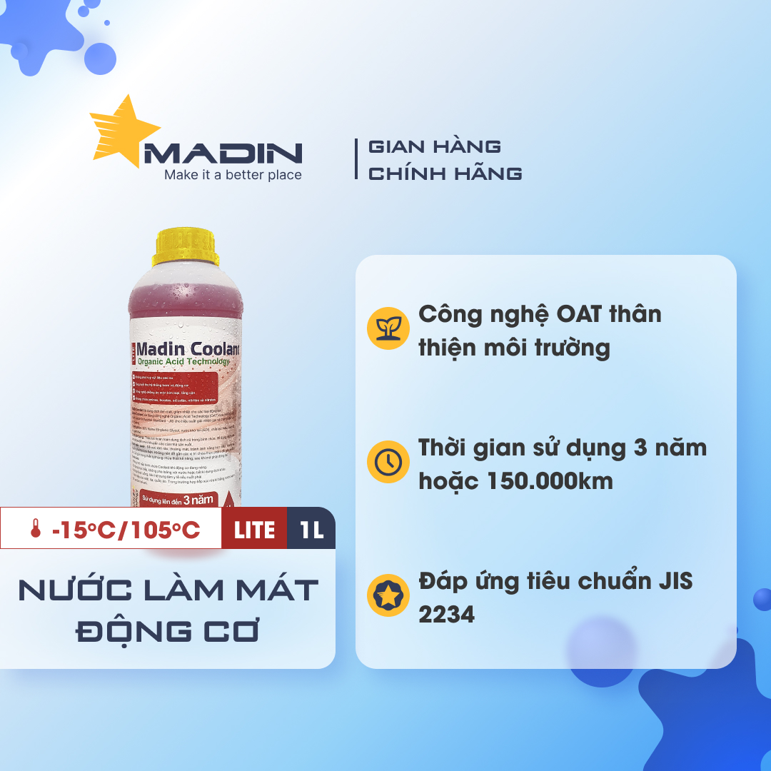 Nước làm mát ô tô, xe máy, động cơ Madin Coolant Lite 37,5%  Mono Ethylen Glycol