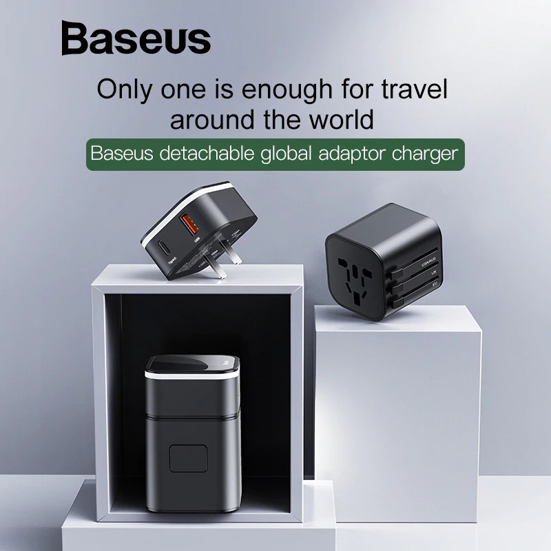 Adapter củ cóc sạc nhanh đa năng du lịch 2 cổng sạc USB và USB Type-C hiệu Baseus Re-able Uni hỗ trợ mọi ổ cắm mọi quốc gia trên thế giới (chuẩn sạc nhanh PD 3.0 &amp; QC 3.0, công suất 18W) - Hàng nhập khẩu