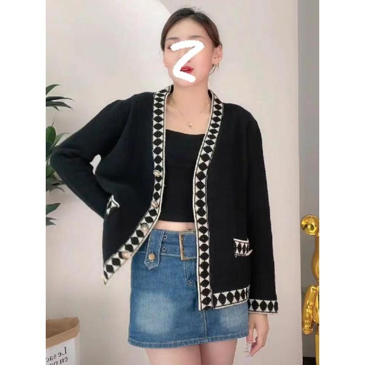 MS824 Áo khoác cardigan len nữ hạt gạo viền màu túi giả