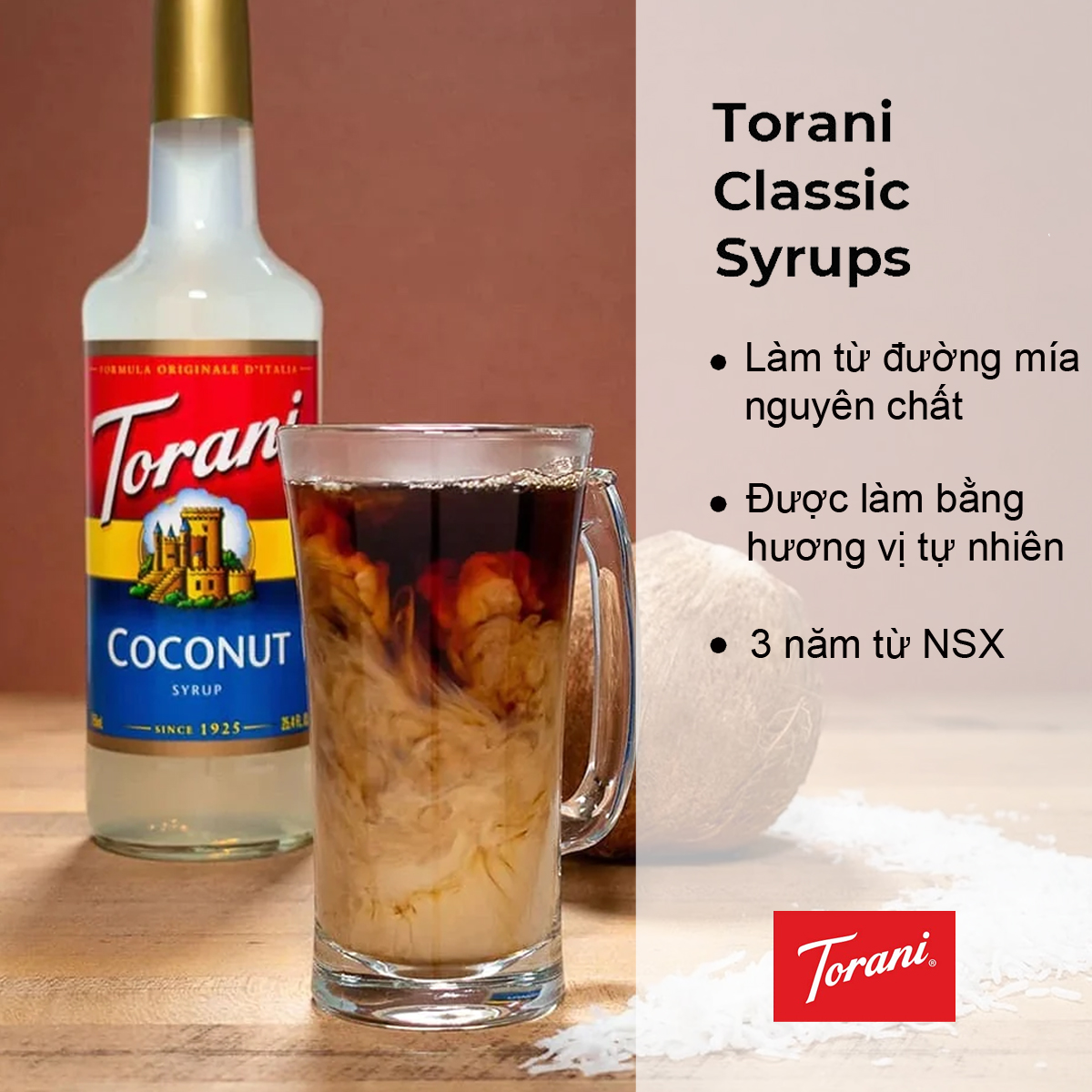 Siro Pha Chế Vị Dừa Torani Classic Coconut Syrup 750ml Mỹ Nguyên Liệu Pha Chế Trà và Cà Phê