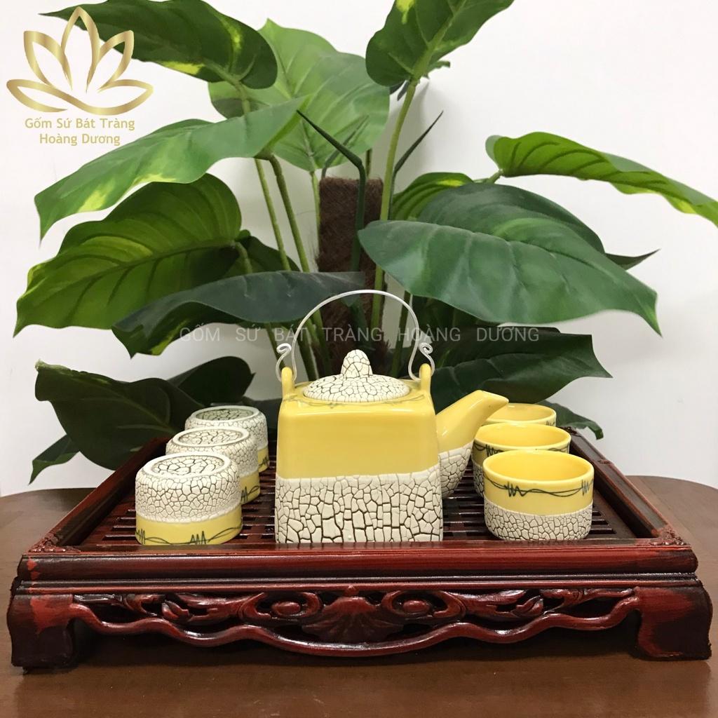 Bộ ẤM CHÉN TRÀ men rạn Bát Tràng dáng vuông vàng kèm khay