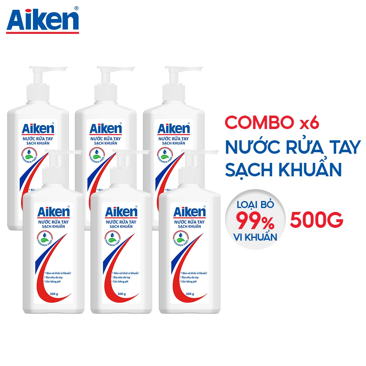 Combo 6 nước rửa tay xà phòng sạch khuẩn Aiken 500g/chai