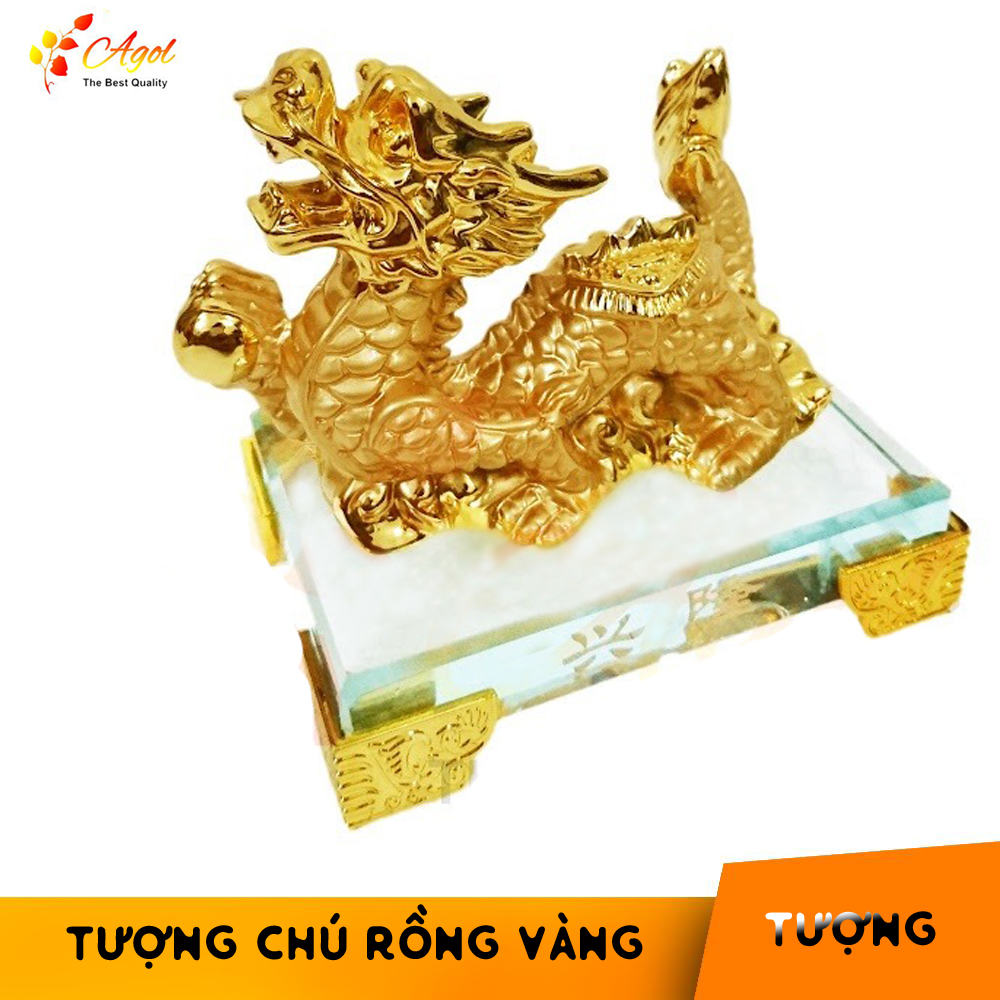 TƯỢNG RỒNG VÀNG ĐẾ KÍNH THỦY TINH - LONG ẤN KIM CHÂU