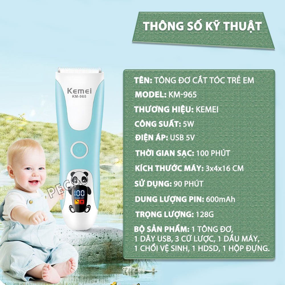 Tông đơ cắt tóc trẻ em Kemei KM-965 có thể cắt tóc, chấn viền cạo tóc dùng được cho trẻ sơ sinh - Hàng chính hãng