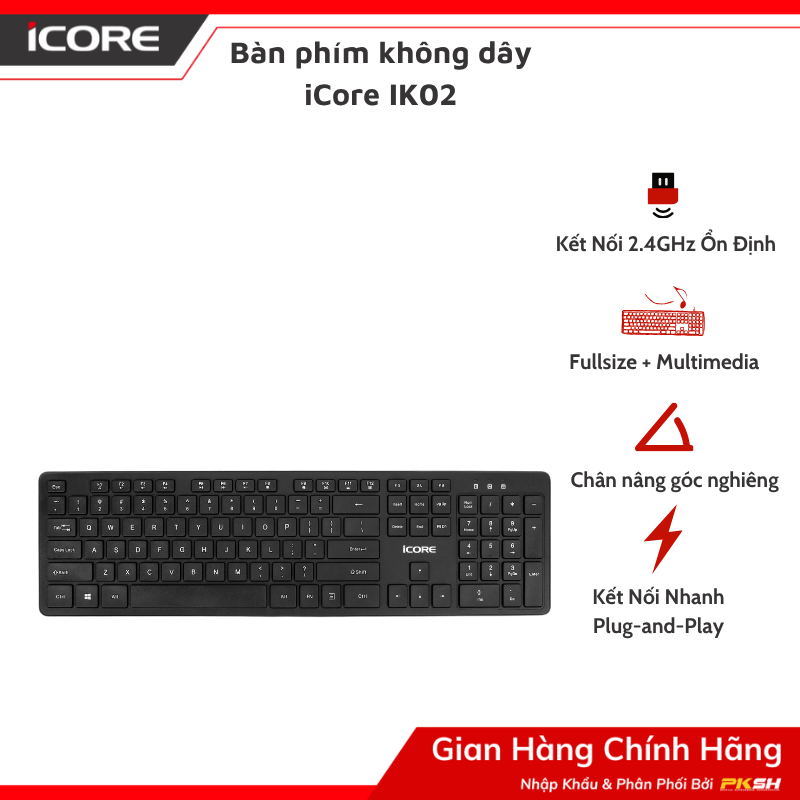 Bàn Phím Không Dây iCore IK02 - Bàn Phím Máy Vi Tính Full Size Tích Hợp Multimedia - Hàng chính hãng