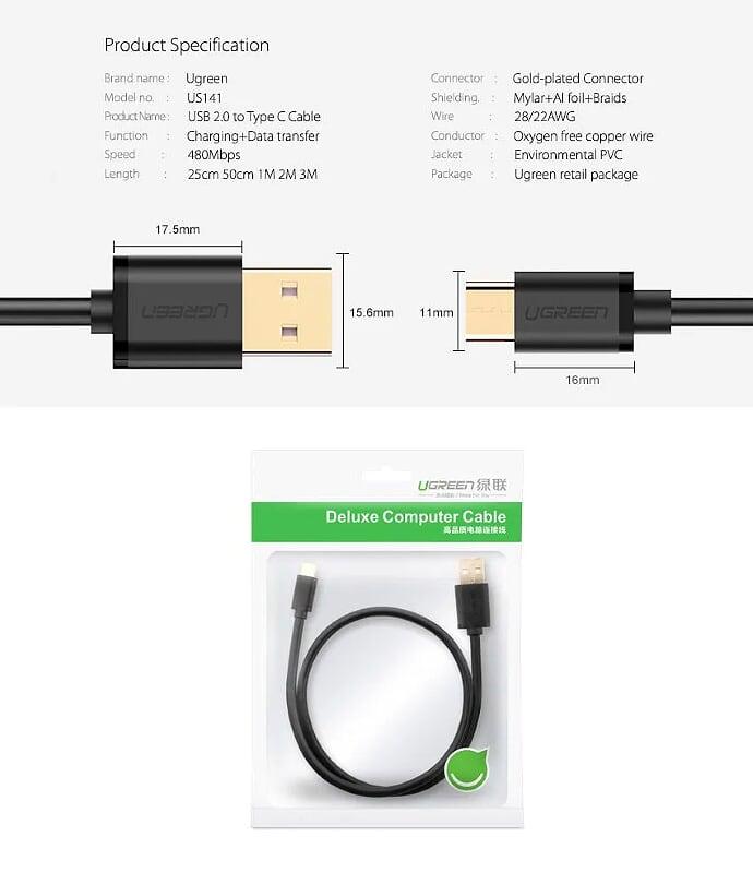 Ugreen UG10674US141TK 1.5M Màu Hồng Green Cáp Usb 2.0 Sang Type C mạ vàng - HÀNG CHÍNH HÃNG