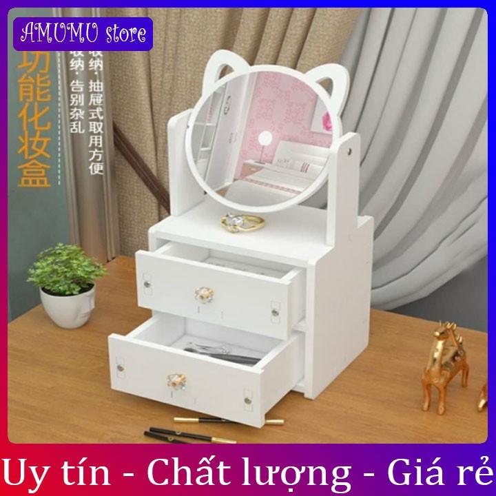 Kệ mỹ phẩm mini gỗ nhựa kèm gương tai mèo méo meo dễ thương cute phô mai que