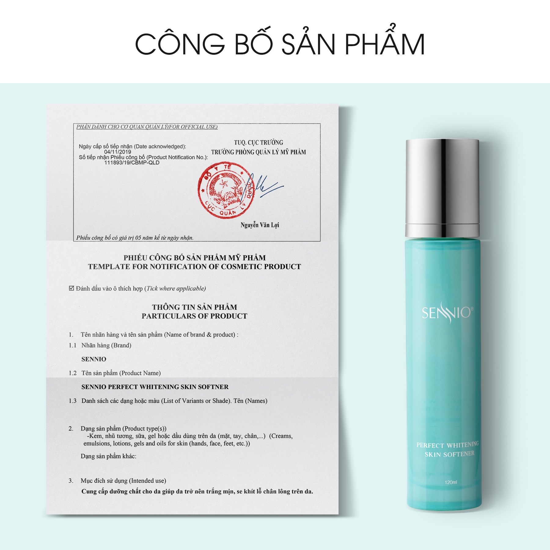 Nước hoa hồng se khít lỗ chân lông SennioPerfect Whitening Skin Softner cấp ẩm tái tạo và phục hồi da 120ml SNO 827