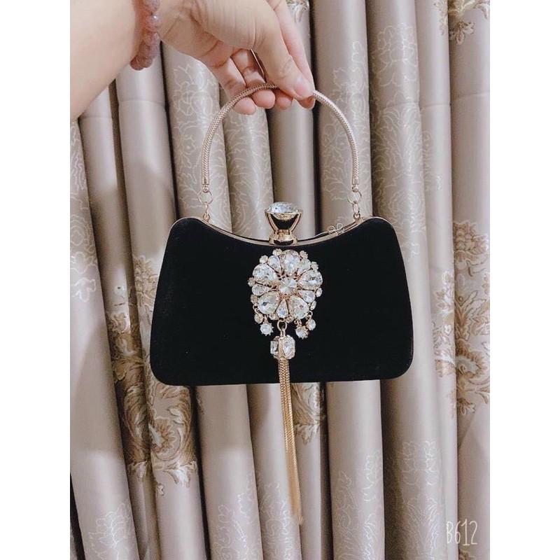 Clutch nhung đính đá tua rua cao cấp-túi nhung đá đi tiệc siêu sang