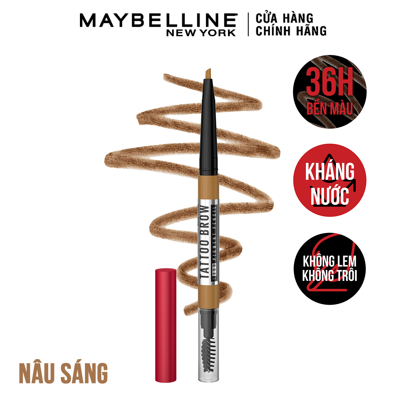 Chì Kẻ Mày 36H Lâu Trôi, Kháng Nước, Dễ Kẻ, Chuẩn Màu Tattoo Brow Maybelline New York Pigmented Pencil 0.25g