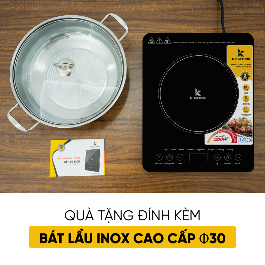 Bếp Từ Đơn Kuscheln KIC073-01 (2000W)  tự ngắt thông minh, tản nhiệt đối lưu- Tặng Nồi Lẩu - Hàng Chính Hãng