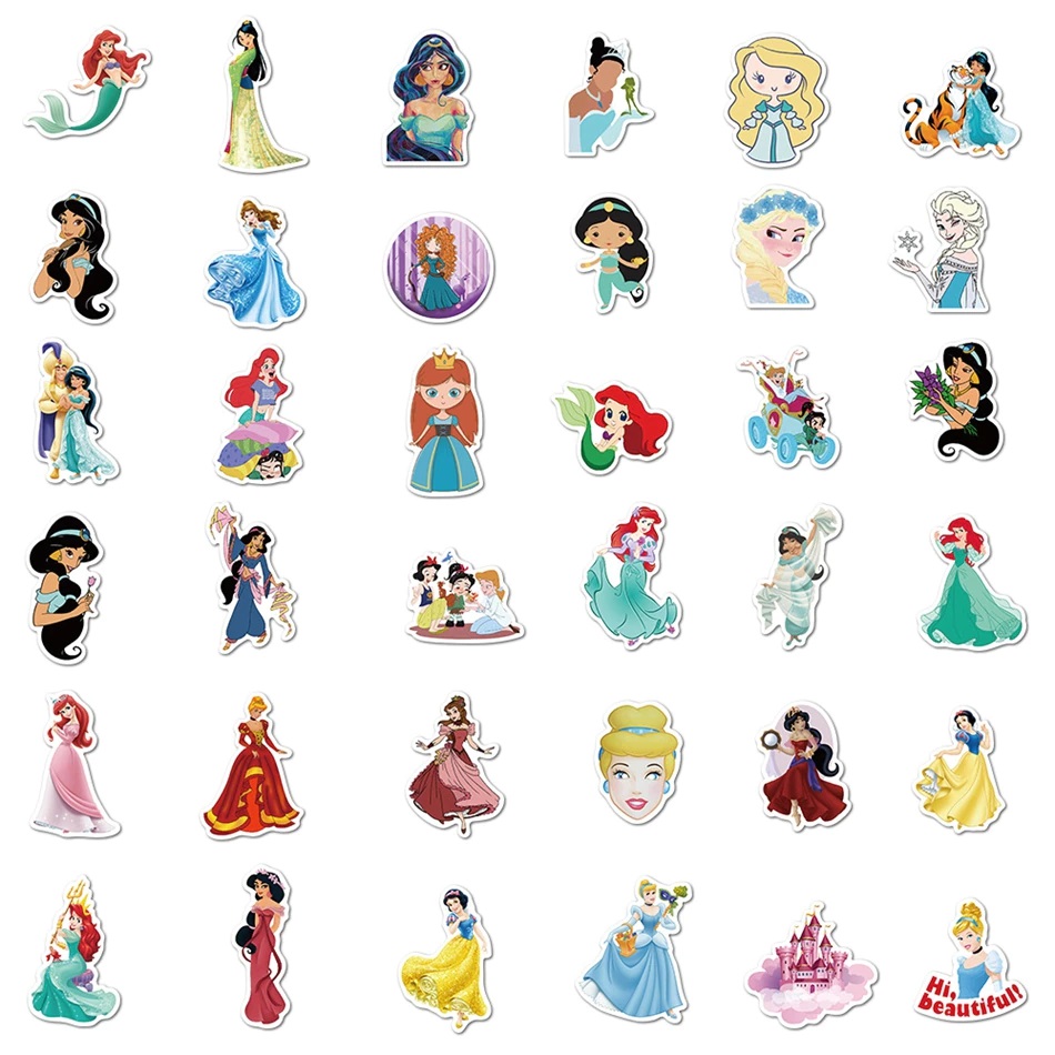 Bộ sticker chông chúa Disney Princess trang trí mũ bảo hiểm, laptop, ván trượt, sổ tay, note book, laptop