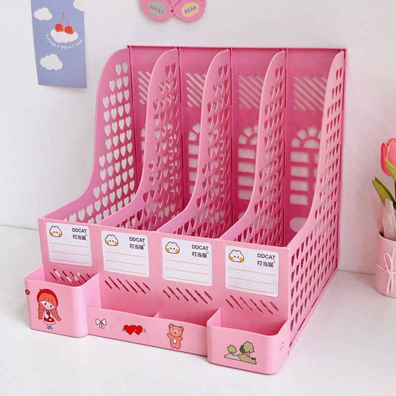 (Tặng Sticker) Kệ Đựng Tài Liệu Văn Phòng 4 Ngăn Kèm Khay Đựng Bút, Kệ Đựng Sách Vở Để Bàn Gấp Gọn