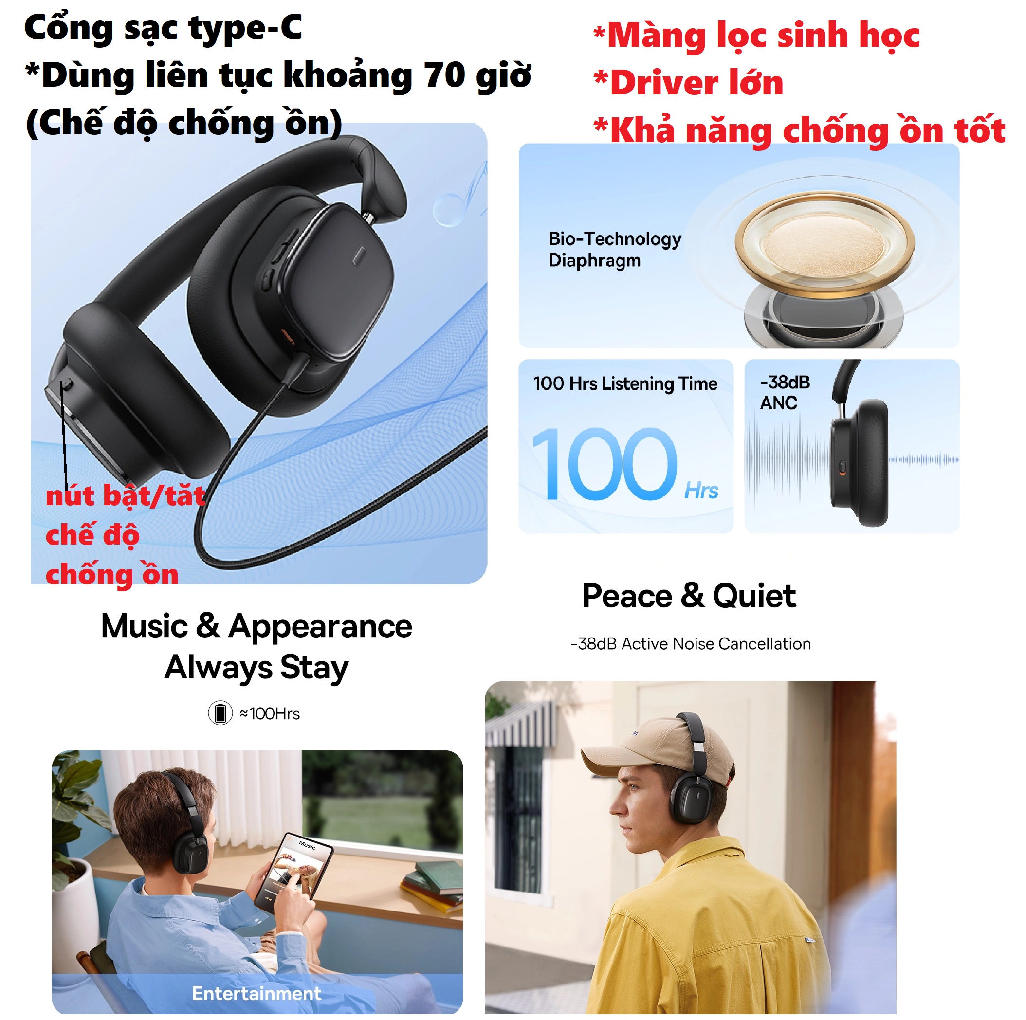 Tai nghe chụp tai buetooth V5.3 gaming chống ồn dạng gập cao cấp Baseus Bowie H1i _ Hàng chính hãng