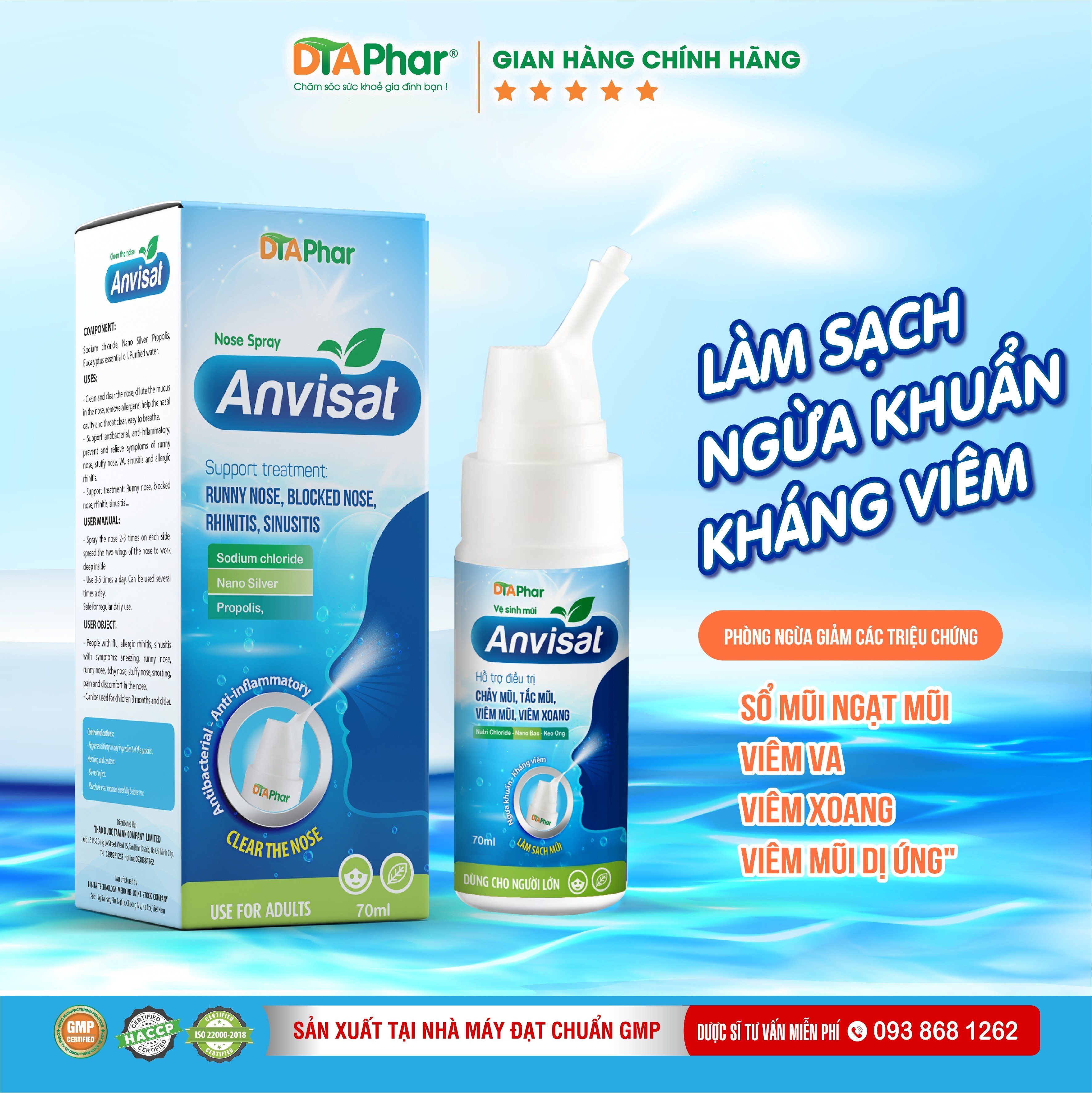 Xịt mũi Anvisat Hỗ trợ rửa mũi dành cho người lớn Chai 100ml Tâm An Pharma