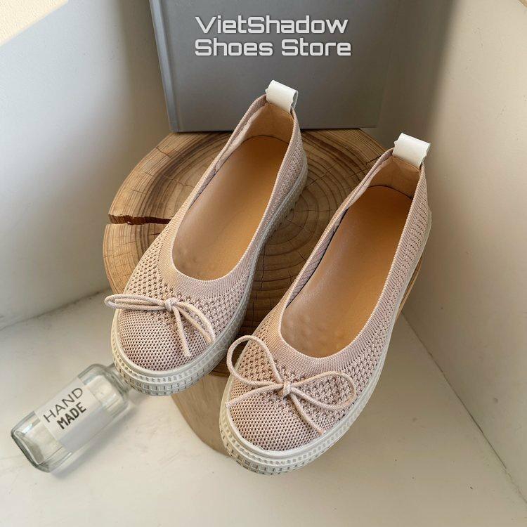 Slip on kiểu búp bê - Giày lười nữ dệt kim 3D nguyên chiếc 2 màu đen và khaki, đế cao su mềm chống trơn trượt - Mã A31