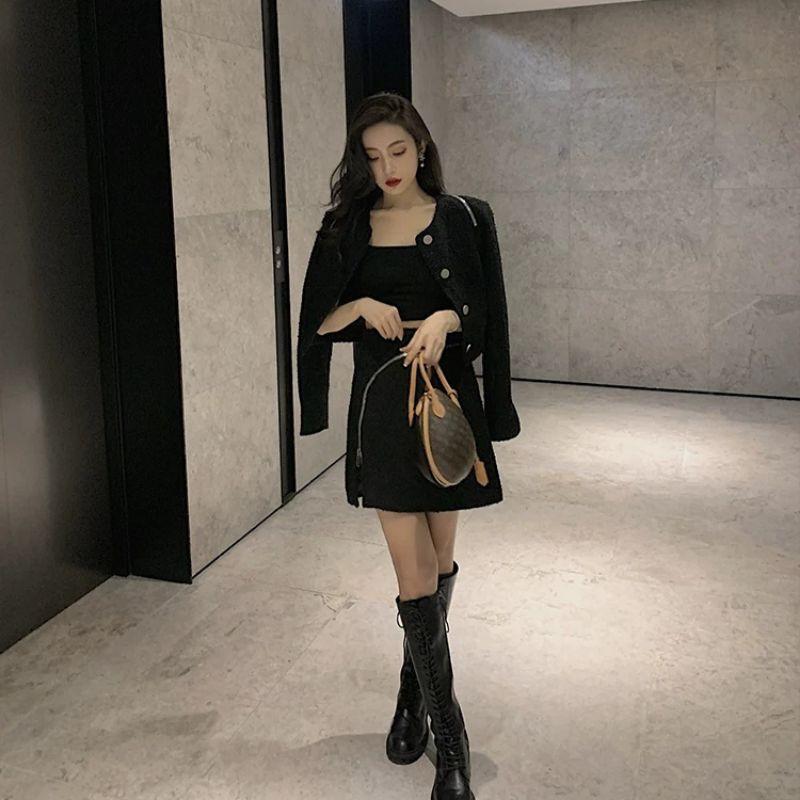 Set dạ tweed đen kéo khóa