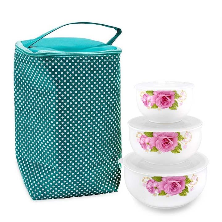 Bộ 3 tô sứ mang cơm văn văn phòng dùng được cho lò vi sóng và túi giữ nhiệt
