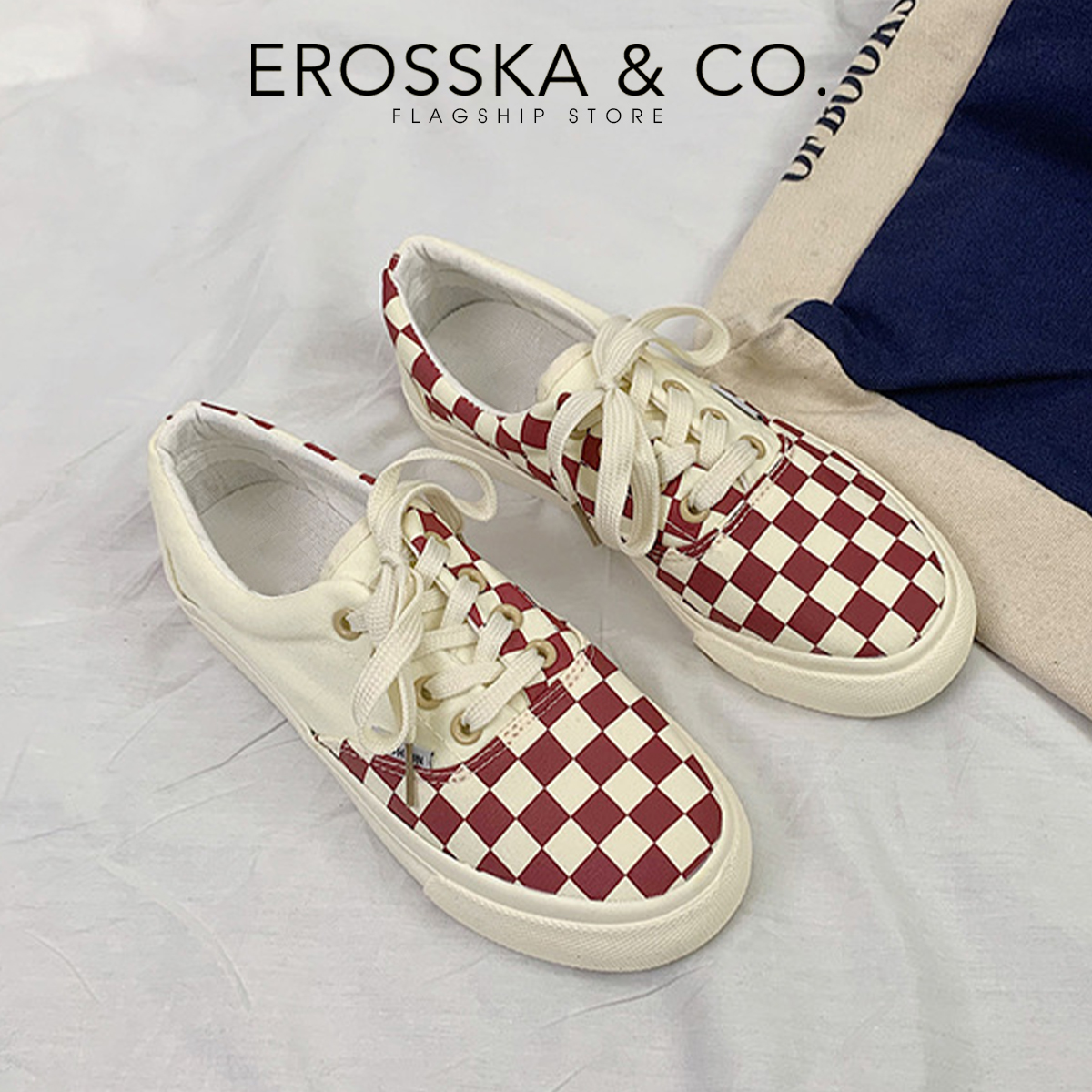 Erosska - Giày sneaker nữ đế bánh mì hoạ tiết caro cá tính- GS016