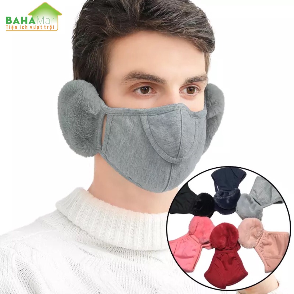 KHẨU TRANG TAI GẤU 2 TRONG 1 BAHAMAR kết hợp giữa khẩu trang và che bịt tai rất tiện và giữ ấm tốt khi ra ngoài vào mùa Đông lạnh