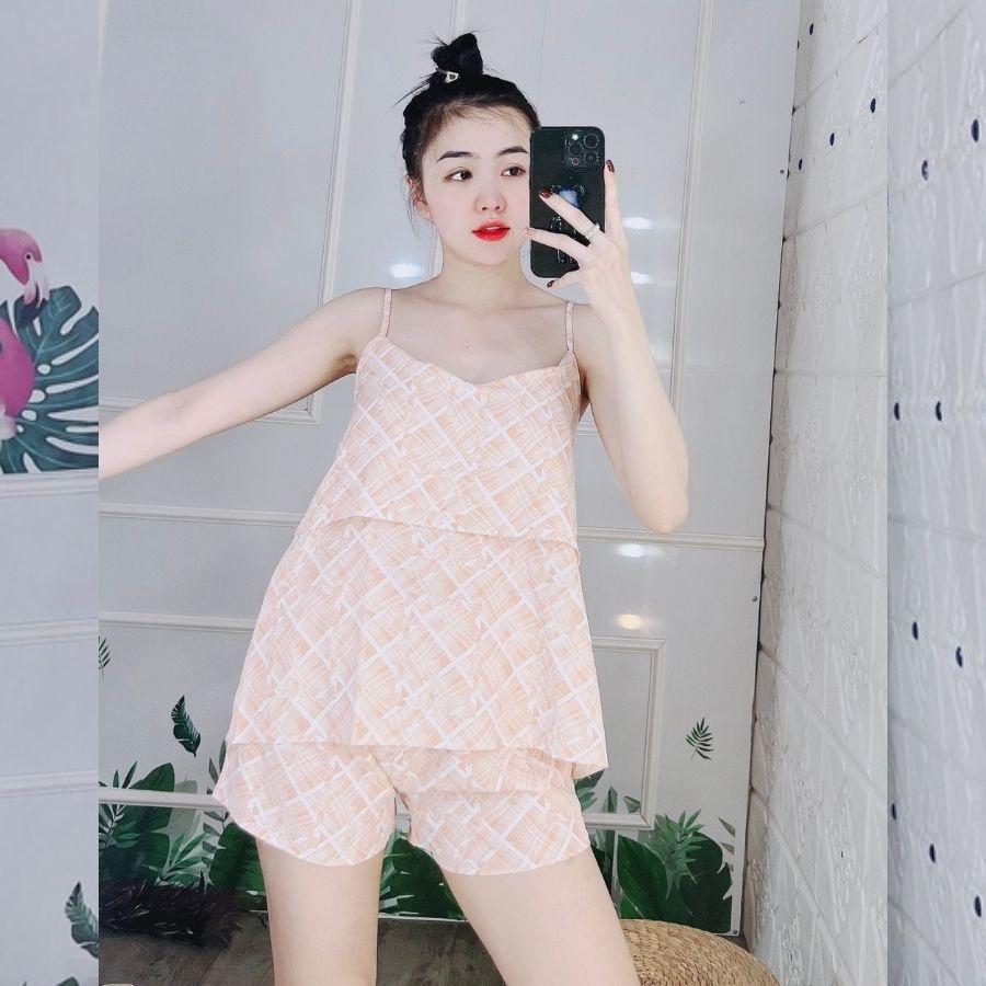 Đồ bộ pijama nữ 2 dây tay bèo pyjama lụa 100D bộ ngủ mặc nhà sexy quần đùi cute dễ thương cao cấp ESHOP PM04