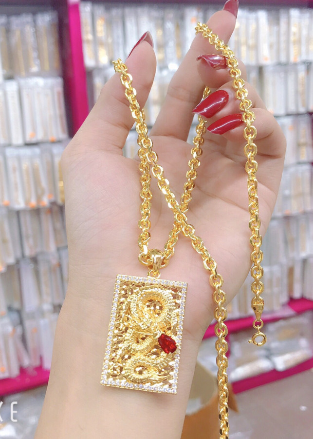 Dây chuyền nam mặt rồng ngậm ngọc đỏ mạ vàng 24k mã 720