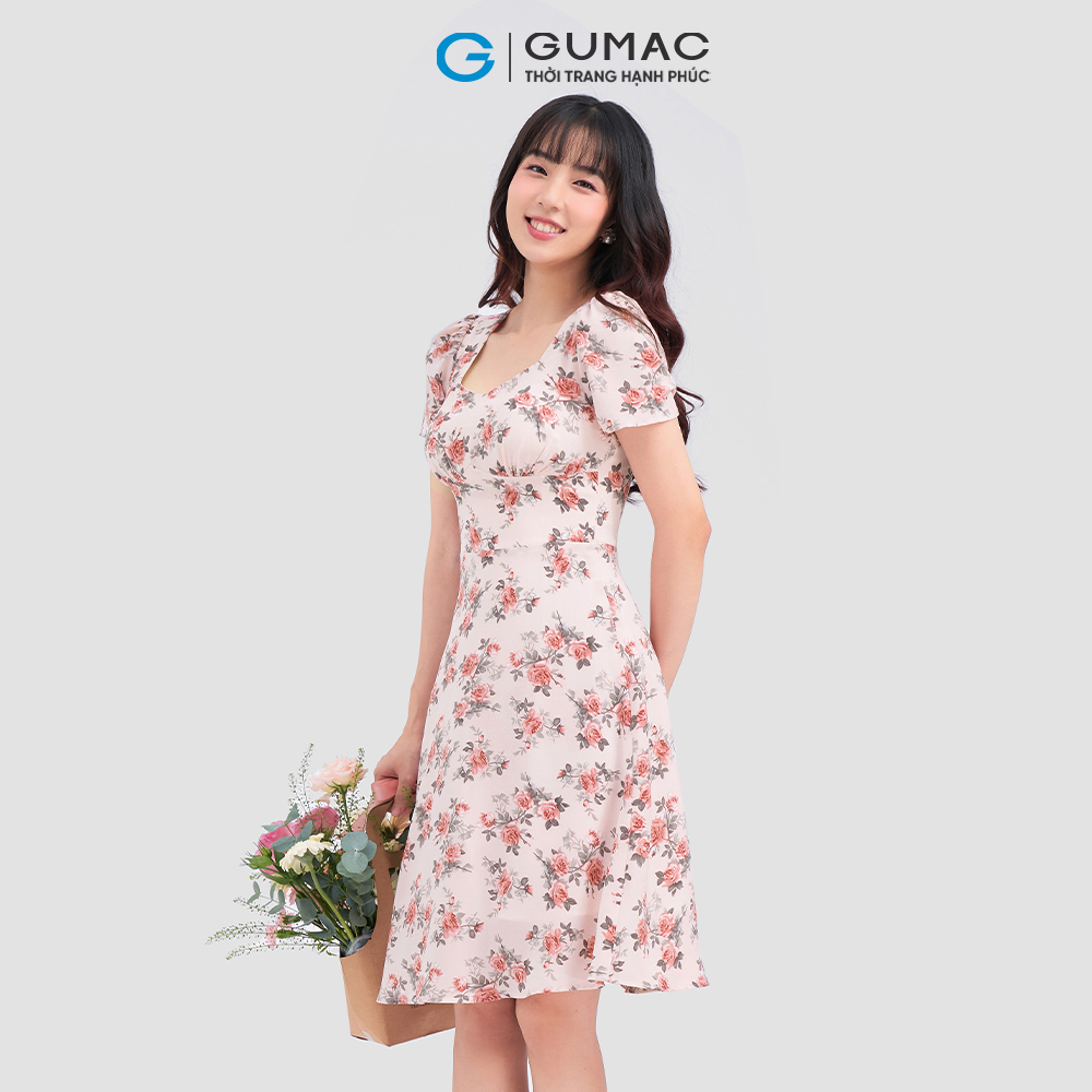 Đầm dáng xòe GUMAC DC12009 họa tiết hoa lưng kiểu