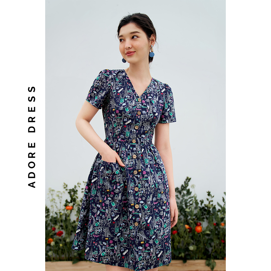 Đầm mini vải thô navy in họa tiết 3ASDR1190 ADORE DRESS