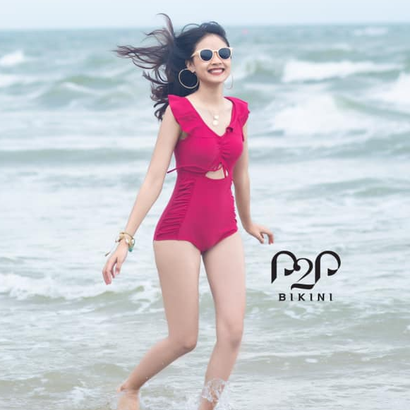 P2P BIKINI - Monokini tay bèo rút dây ngực cut out hồng cánh sen - MN370M_TB1