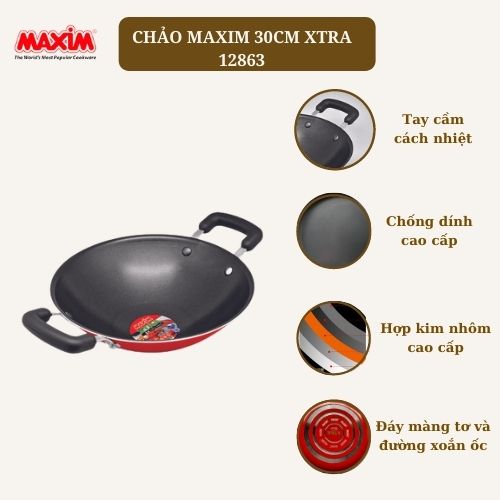 Chảo trơn chống dính sâu lòng 2 quai Maxim 30cm nhập khẩu cao cấp, màu sắc nổi bật