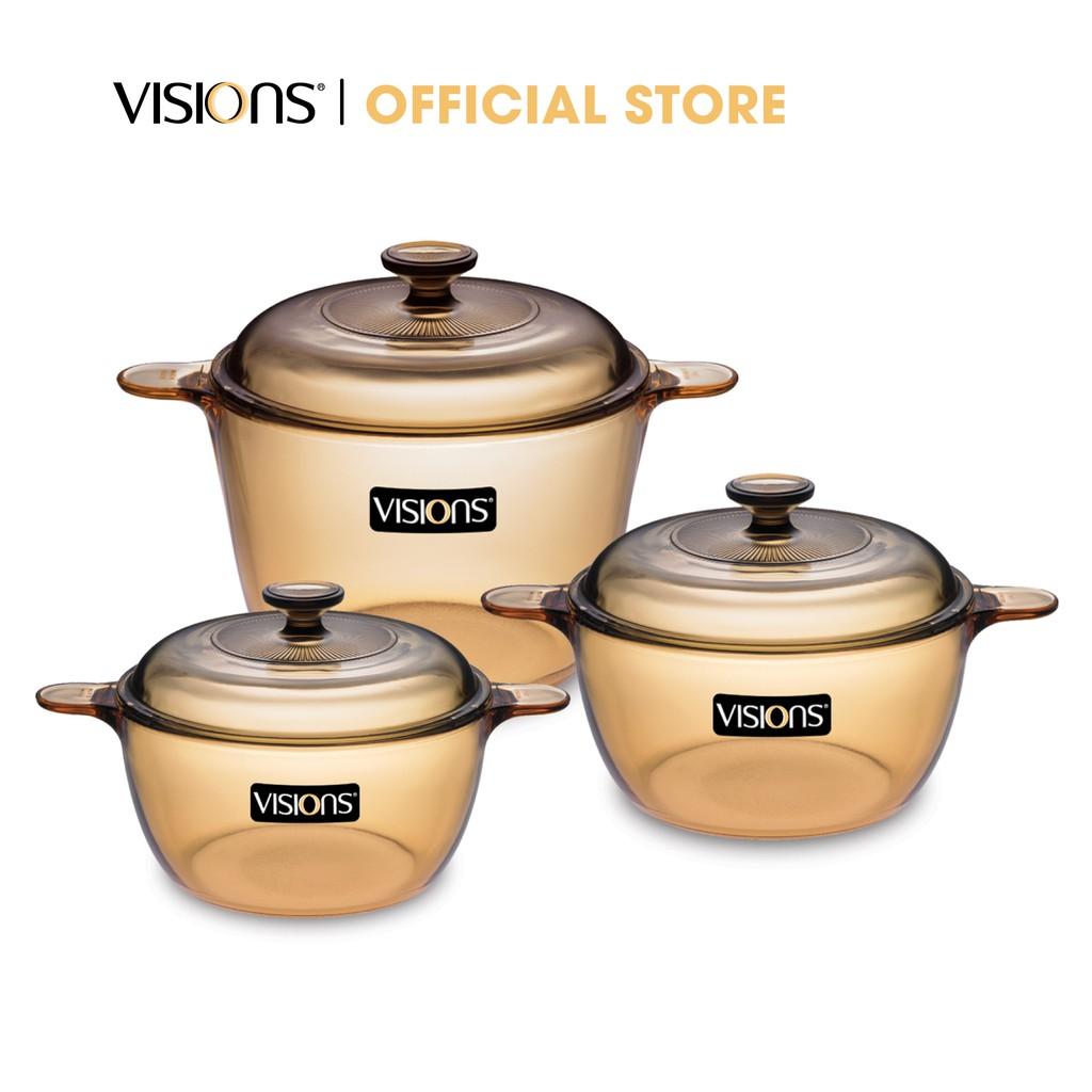 Bộ 3 nồi thủy tinh Visions VS-330 , Xuất xứ từ Pháp ,Hàng chính hãng tặng 1 chảo Fivestar