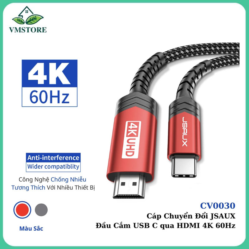 Cáp Chuyển Đổi Type C sang HDMI CV0030 JSAUX 4K 60Hz 3M Cho Tất Cả Thiết Bị Type C – Macbook, Samsung, Oppo, Huawei…- Hàng chính hãng