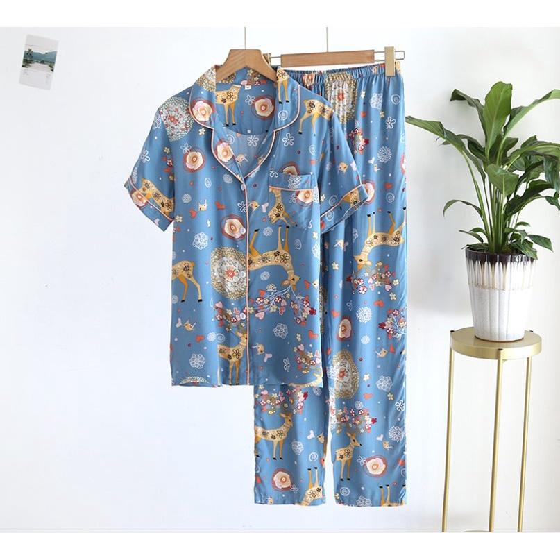 Bộ Đồ Pijama Mặc Nhà Ngắn Tay Azuno BN0111Chất Liệu Cotton Lụa Nhẹ Mát Cho Mùa Hè