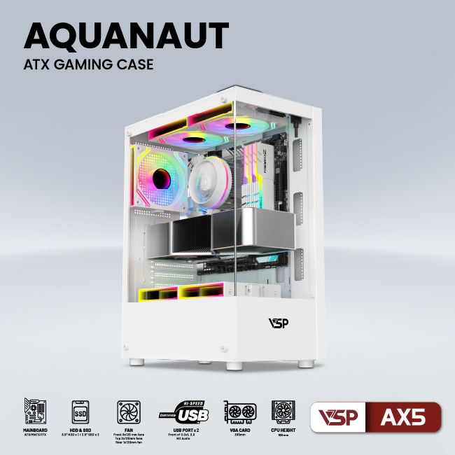 Vỏ máy tính Case VSP AX5 [TRẮNG] Gaming Kính cường lực (ATX, Micro ATX, Mini ATX) - Hàng chính hãng VSP phân phối