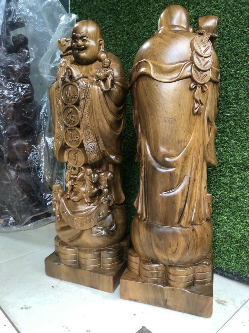 TƯỢNG PHẬT DI LẶC CHÚC PHÚC GỖ BÁCH XANH THƠM PHỨC KT CAO 70×22×19CM