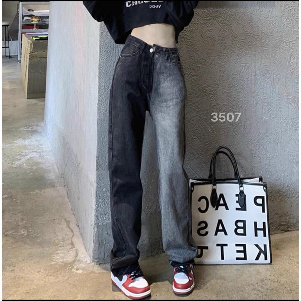 Quần bò ống rộng nữ quần jeans ống rộng suông đứng màu xám loang khói dáng suông vải bò dày đẹp cao cấp