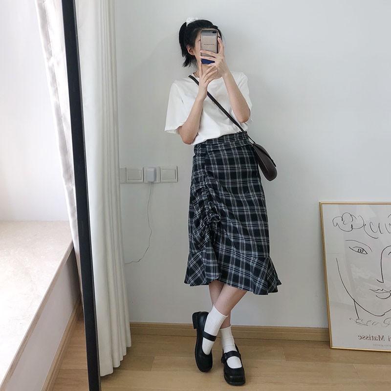 Women Summer Vintage High Waist Wild Plaid Print Skirt Casual Maxi Dress