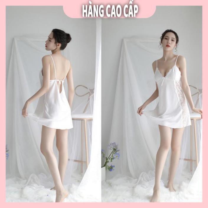 Váy ngủ lụa hai dây phối ren hông gợi cảm màu trắng kèm hình thật shop chụp  *