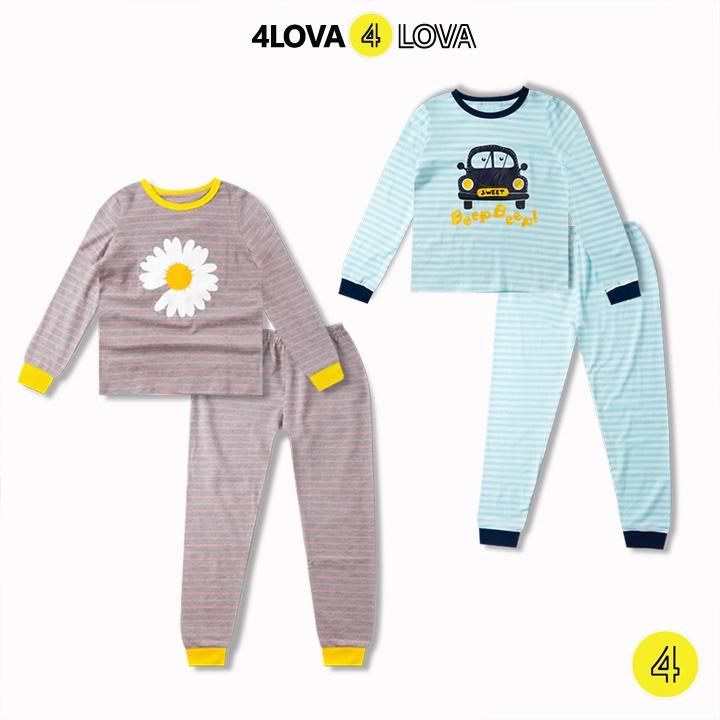 Bộ quần áo dài tay 4LOVA chất thun cotton bo gấu in hình dễ thương thu đông cho bé