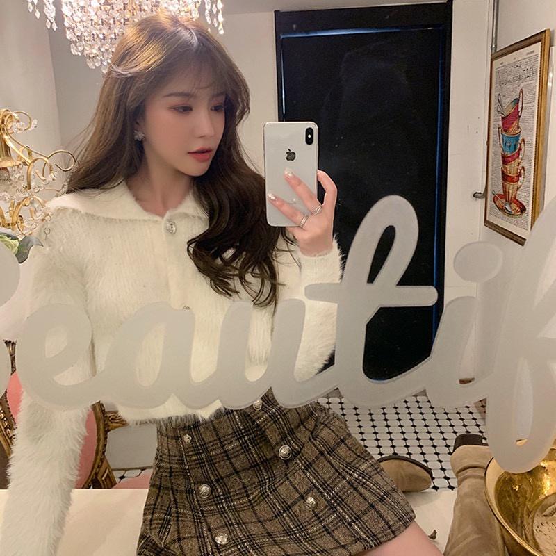 MS387 Áo len lông thỏ cổ bẻ dáng ngắn