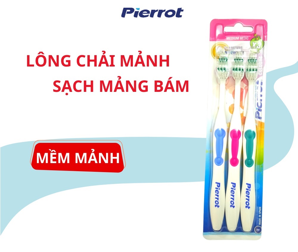 [ Tặng Cạo Lưỡi ] Bộ ba bàn chải sắc màu mềm Pierrot