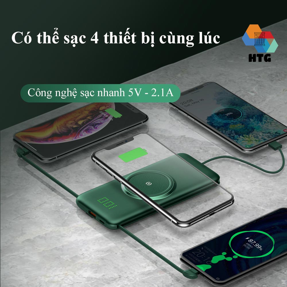 Pin Sạc Dự Phòng CYKE P1 Plus 20.000 mAh hỗ trợ sạc nhanh QC 2.0A, tích hợp dây sạc cùng sạc không dây, 4 cổng output, 2 cổng input, hàng chính hãng